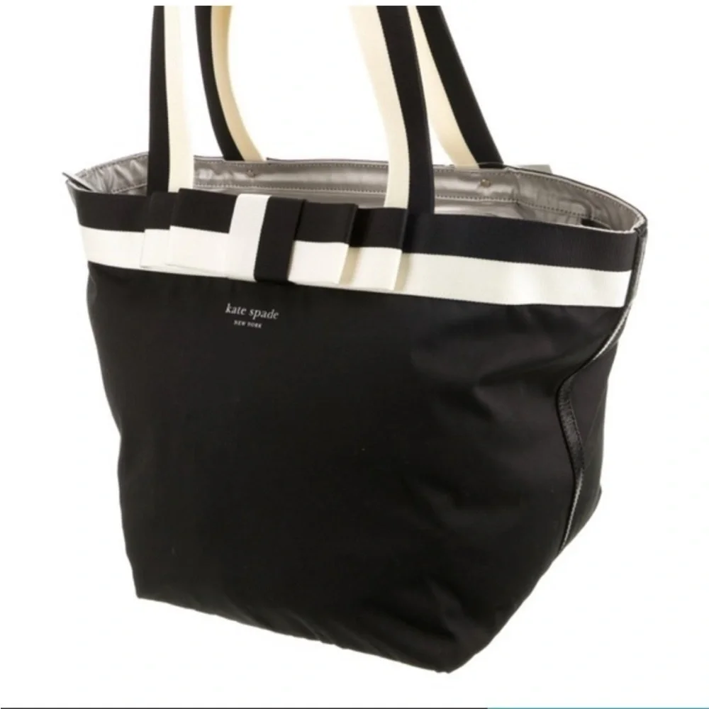 Kate Spade Barrow Street Tote Bag Bow Accent Zip Top Black White Classic